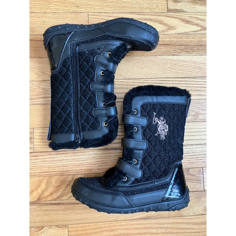US Polo Assn Black Glitter Quilted Fur Trim Winter Snow Boots‎ Girls Size 6 Logo